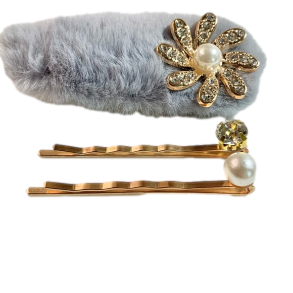 Crystal Collection Accessories - Gray Puff Pearl Hair Pin Set